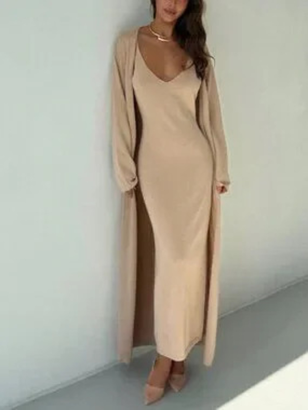 ZARA Khaki Casual Women's Maxi knit dress and cardigan coord set